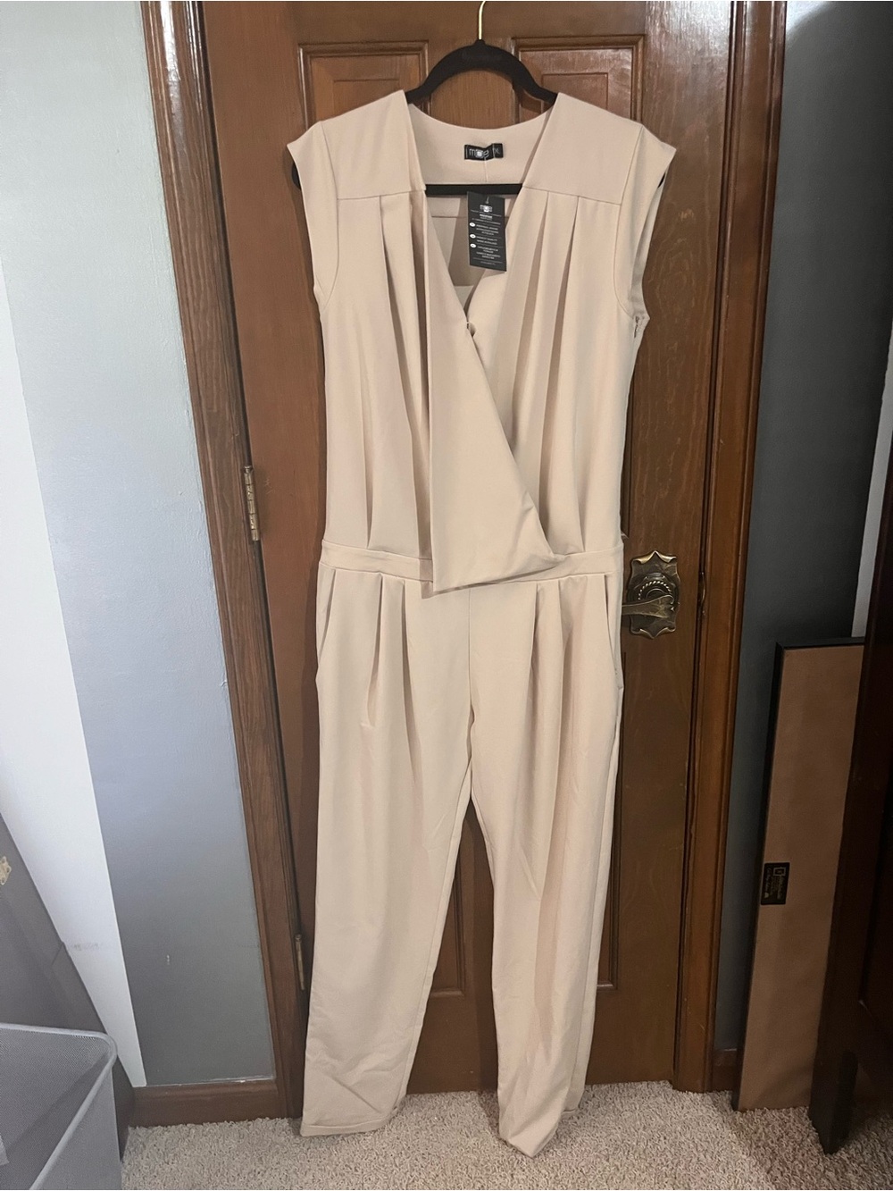 Sleeveless Beige Jumpsuit - wrap front